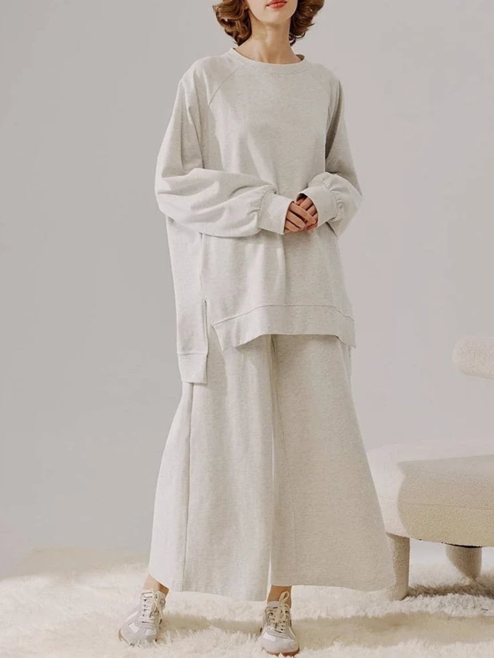 Women's High Low Hem Crewneck Sweatshirt oversized Slits with Wide leg Pants